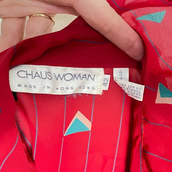 Vintage Red Teal Geometric Print Ruffle Sheer Long Sleeve Gathered Shoulder Top - Picture 10 of 11